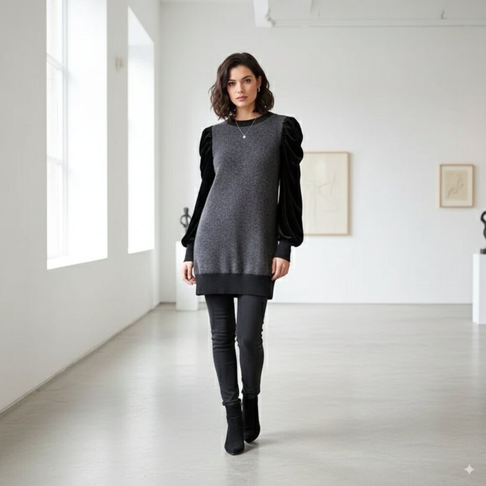 J.ING Charcoal Gray and Black Mini Dress with Puff Velvet Sleeves